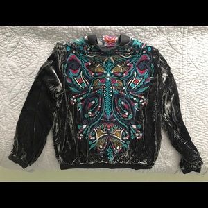 Johnny Was Embroidered Velvet Bomber Jacket